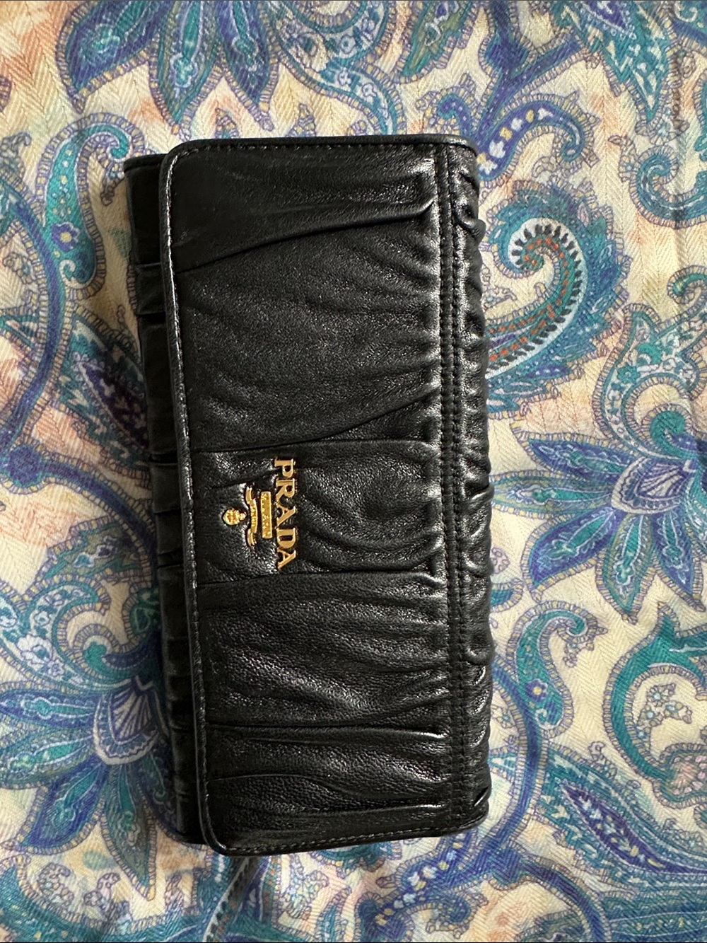 Prada Black Ruched Leather Clutch Wallet with Gold Logo